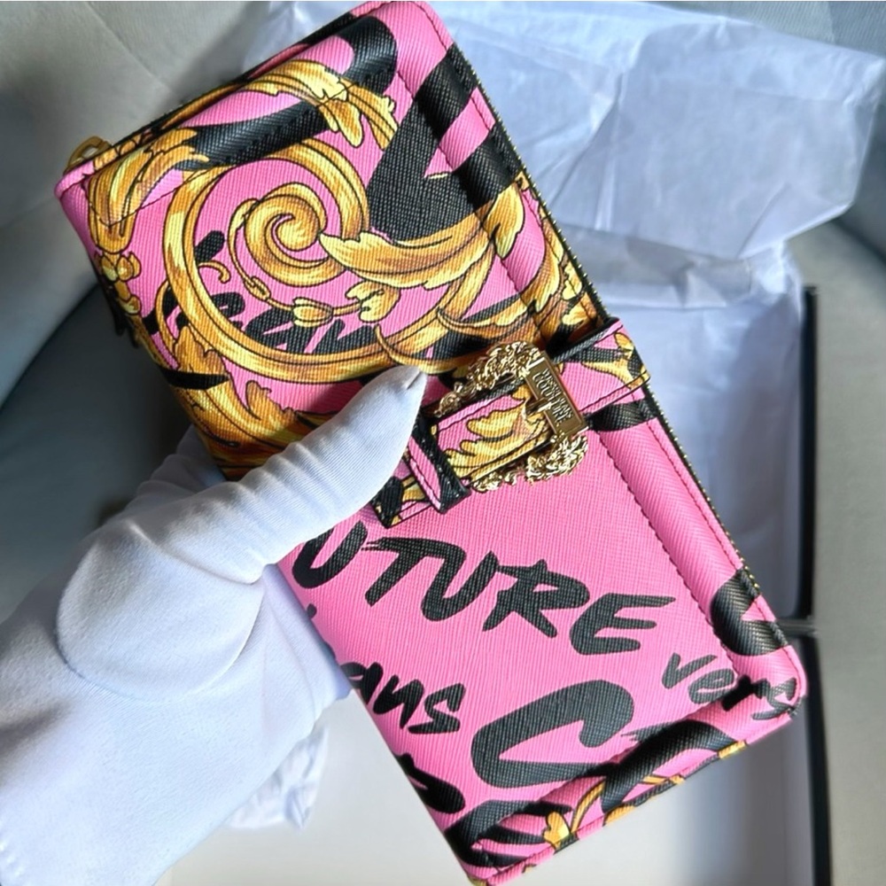 Versace Pink Gold Baroque Logo Bifold Wallet